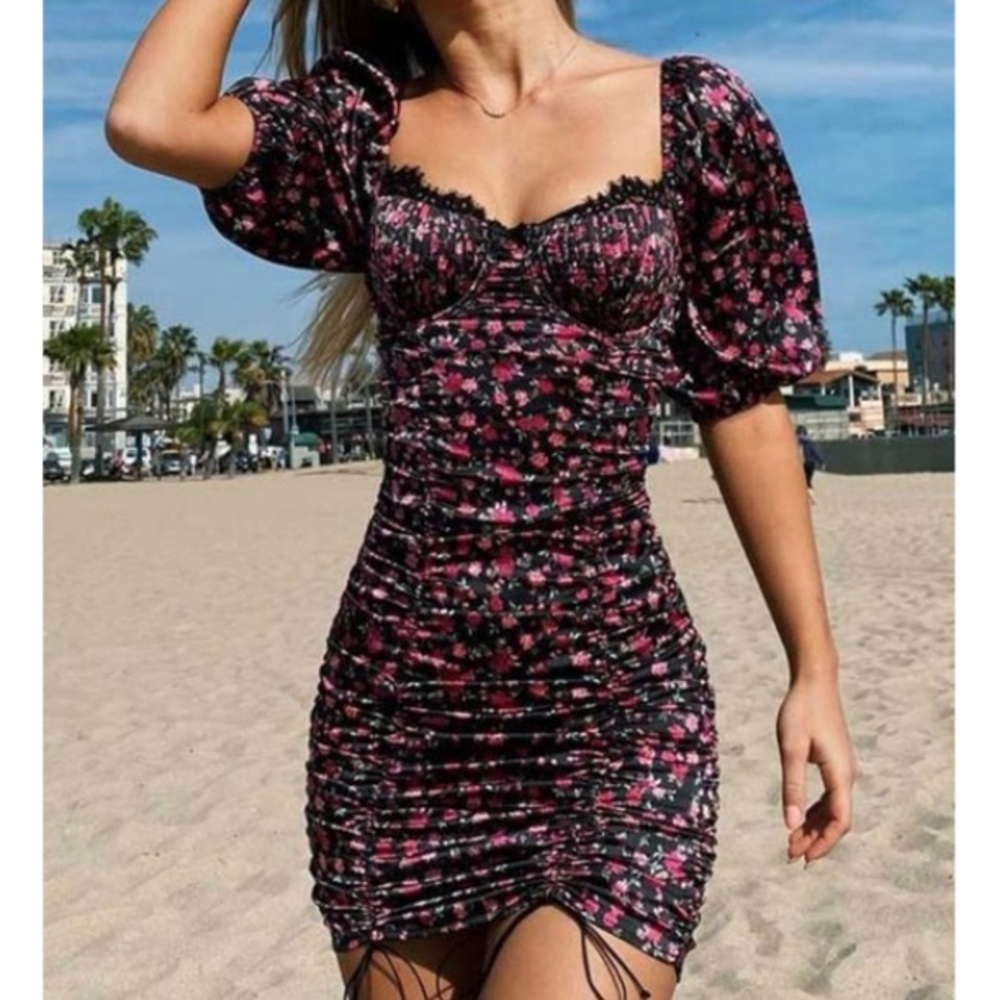 For Love And Lemons Black Mini Dress with Pink Floral Print - Picture 2 of 13